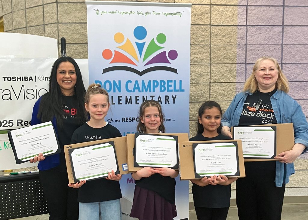 Mentor Rabia Taha, Charlie Pilgrim, Kason Sonnenberg-Trent, Sofia Taha, Coach Melinda Powell, Don Campbell Elementary School in Alberta, Canada